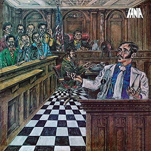 Album cover depicting a courtroom scene with people and an American flag.