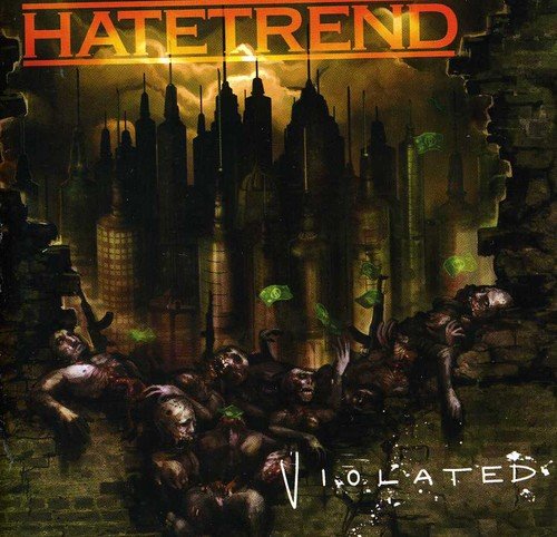 CD cover: dystopian city, figures amongst rubble and falling money.