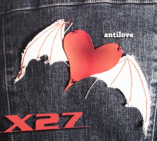 CD cover: red heart with white wings on denim, text “antilove” and “x27”.