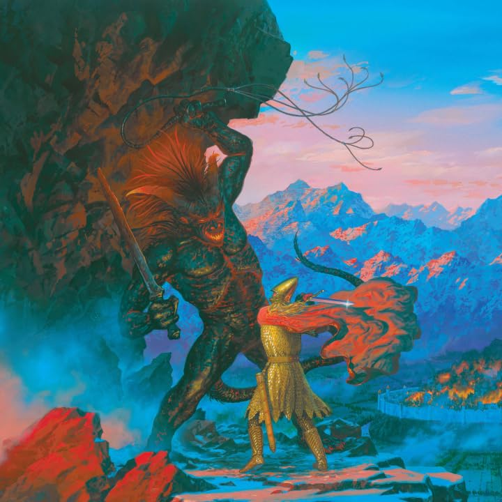 Fantasy illustration of a knight facing a large, monstrous figure in mountains.