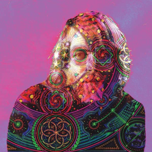 Psychedelic portrait of a bearded man with colorful geometric patterns.