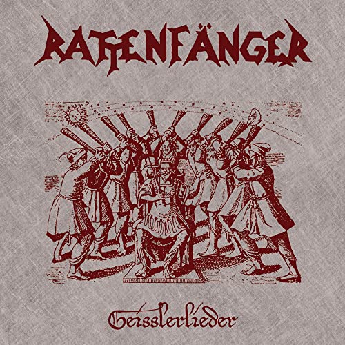 Red-toned CD cover depicting a medieval scene with musicians and a piper.