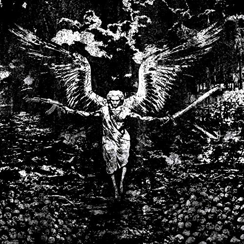 Black and white illustration of a winged figure amidst skulls.