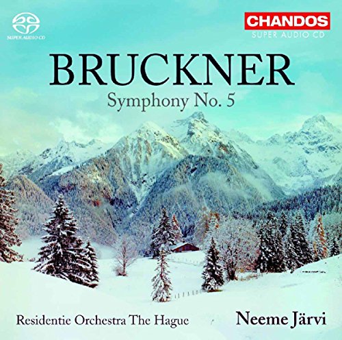 CD cover for Bruckner’s Symphony No. 5 with snowy mountain landscape.