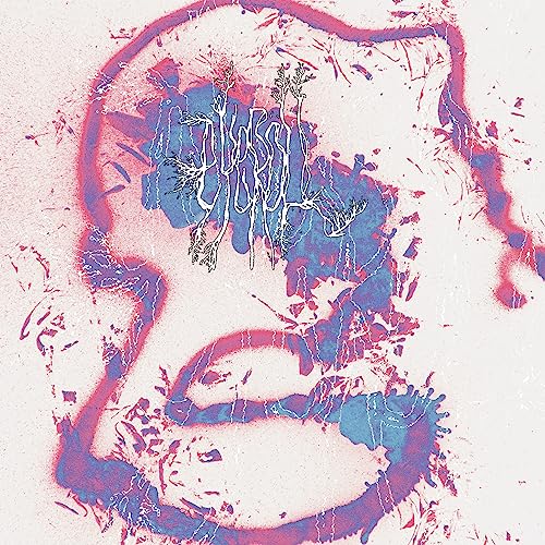 AbstractBusty, abstract pink and blue paint splatters forming a silhouette on white background.