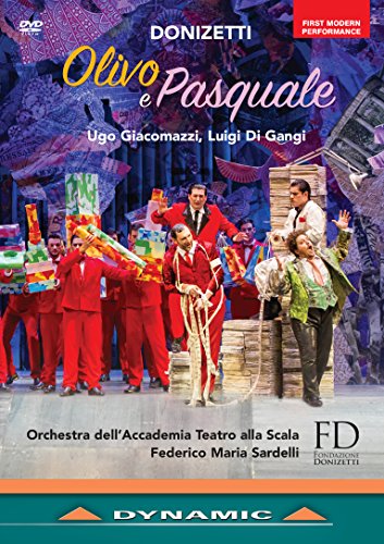 DVD cover for Donizetti’s *Olivo e Pasquale* opera, featuring performers in red suits.