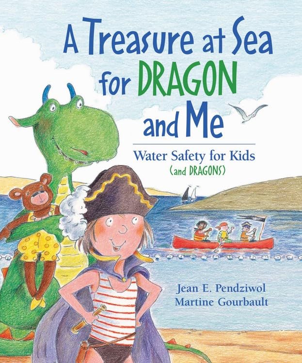 Book cover with a dragon, child in pirate costume, and water safety theme.