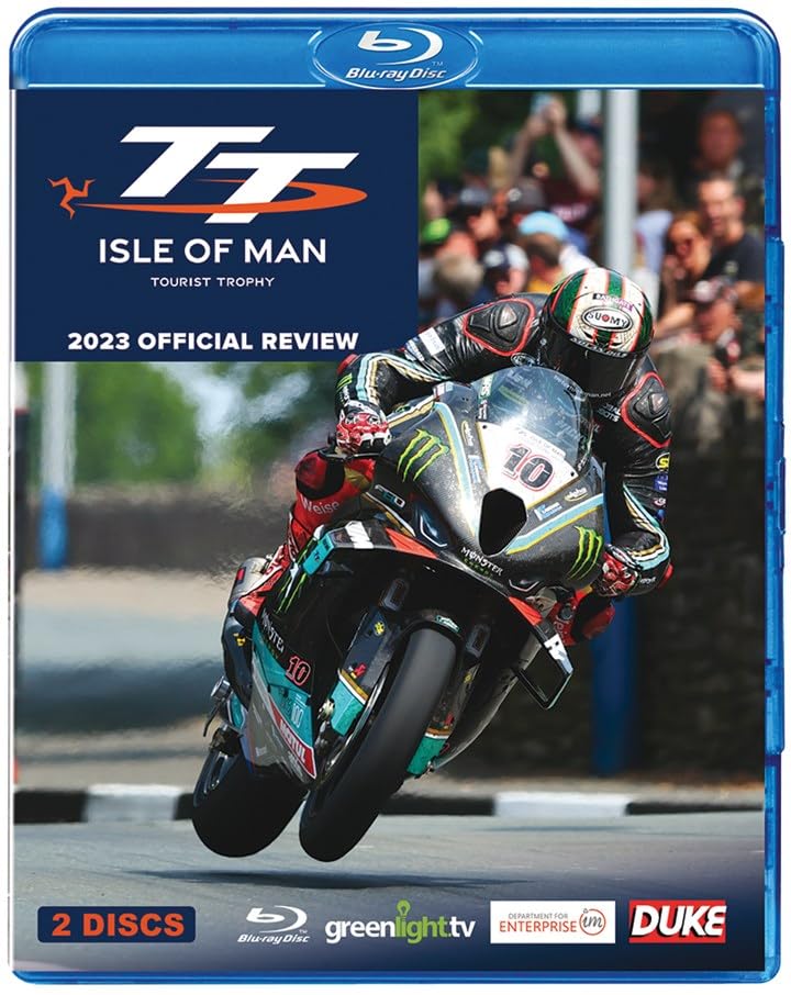 Blu-ray cover featuring a motorcycle racer in action during the TT Isle of Man.
