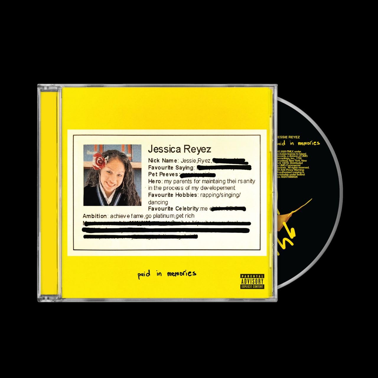 Jessie Reyez Paid In Memories CD case with a yellow cover featuring a questionnaire.