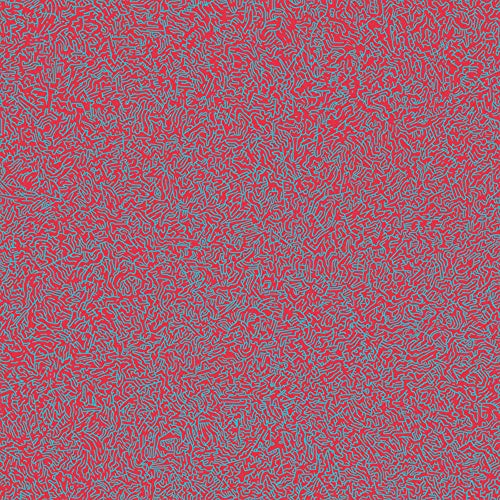 Red album cover with dense, swirling blue line pattern.
