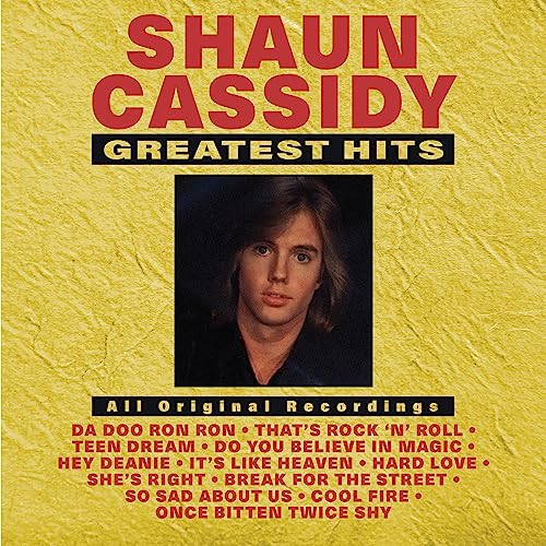 Shaun Cassidy’s “Greatest Hits” vinyl album cover with his portrait.