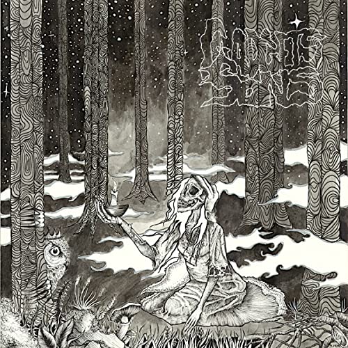 Black and white illustration of a skeletal figure in a forest.