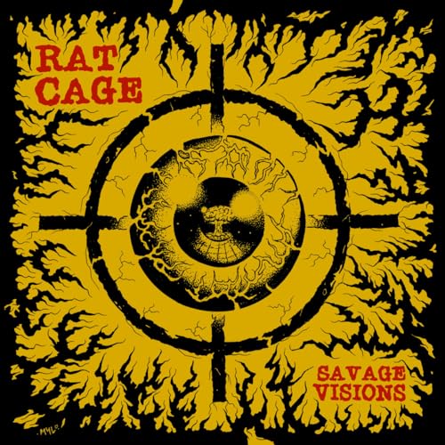 Black background with yellow text, eye, and target graphic for "Rat Cage" vinyl.