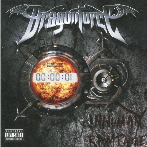 Dragonforce "Inhuman Rampage" CD cover with a digital timer and cracked background.