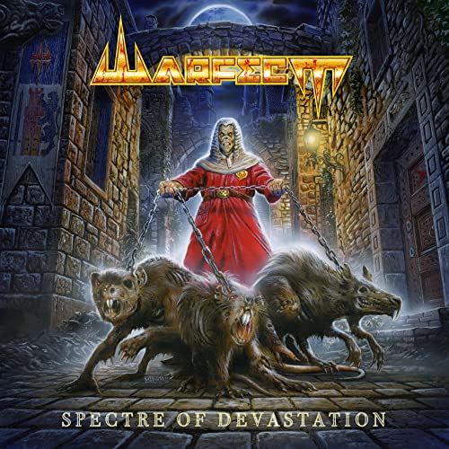 A hooded figure in red robes leads three giant rats on chains through stone ruins.