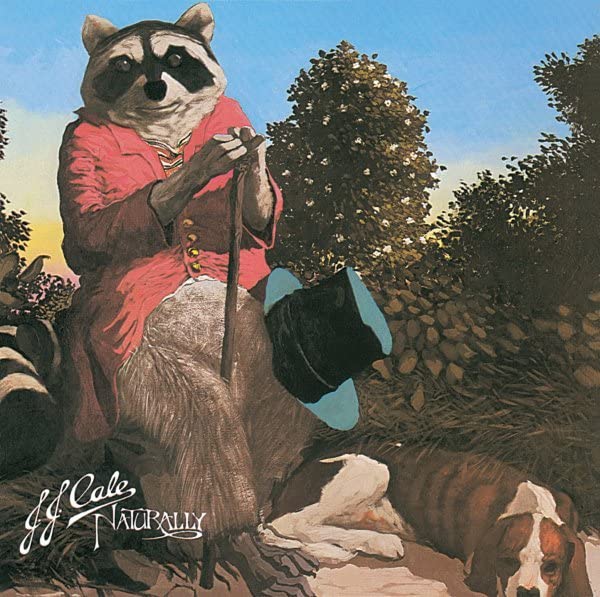 An anthropomorphic raccoon in a red coat sits outdoors with a hound dog.