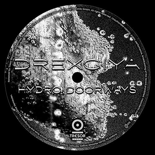 Black and white vinyl record label for Drexciya’s “Hydro Doorways.”