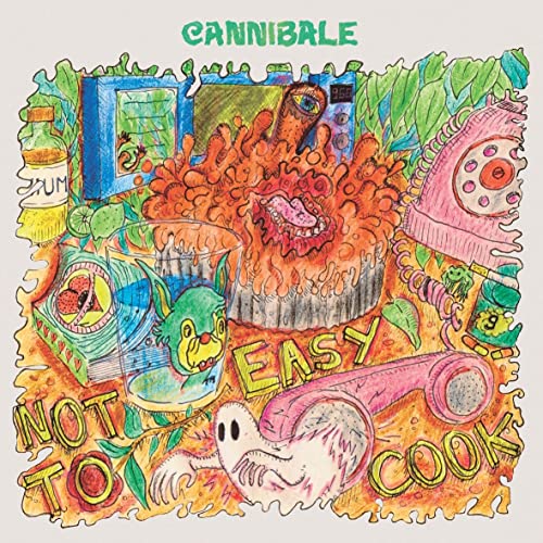 Hand-drawn CD cover with colorful, chaotic imagery of food and objects.