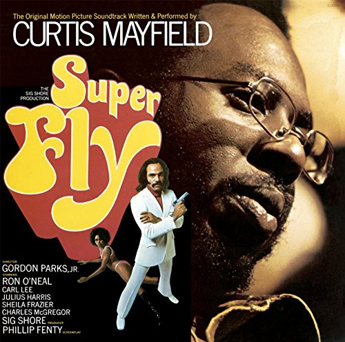 Curtis Mayfield album cover featuring a large portrait of the artist and movie imagery.