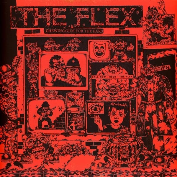Red vinyl record cover with collage of distorted faces and figures.