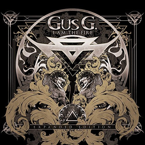 “I Am The Fire” album cover by Gus G, with ornate gold and black design.
