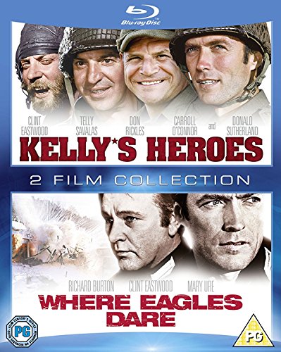 Blu-ray cover for "Kelly's Heroes" and "Where Eagles Dare" with cast photos.