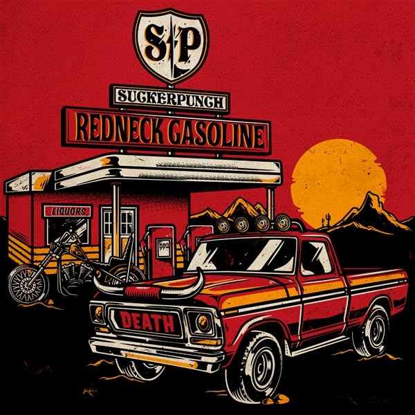 CD cover for "Redneck Gasoline" featuring a gas station, truck, and motorcycle.