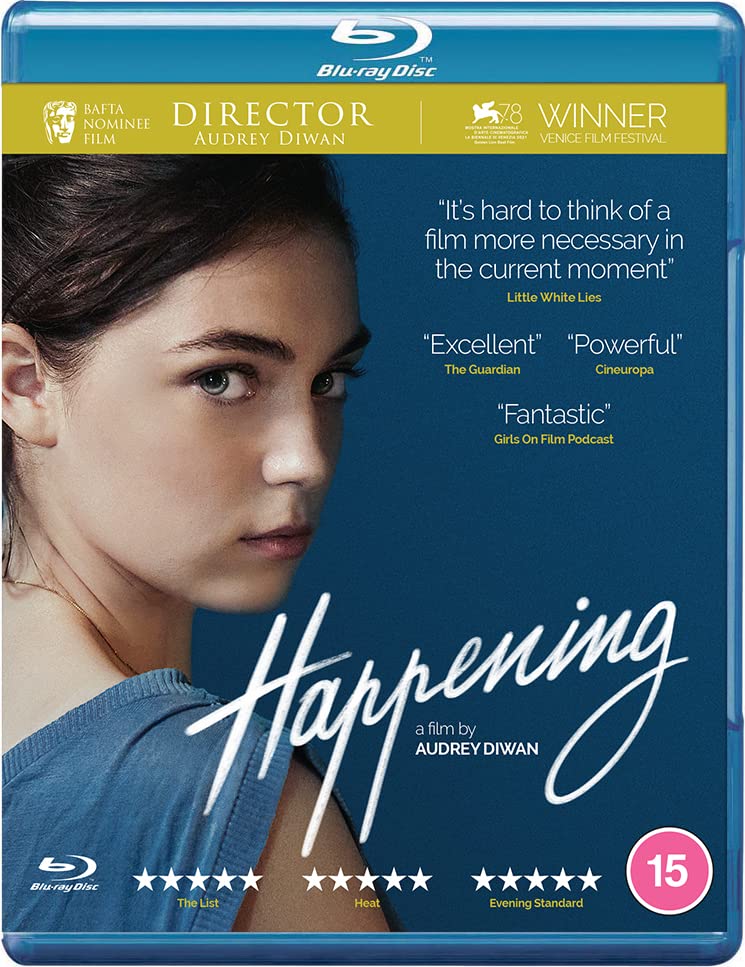 Blu-ray cover for the film Happening featuring a close-up portrait of a young woman.
