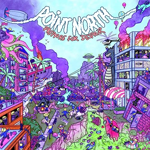 Colorful, chaotic album cover depicting a city under attack with fantastical elements.