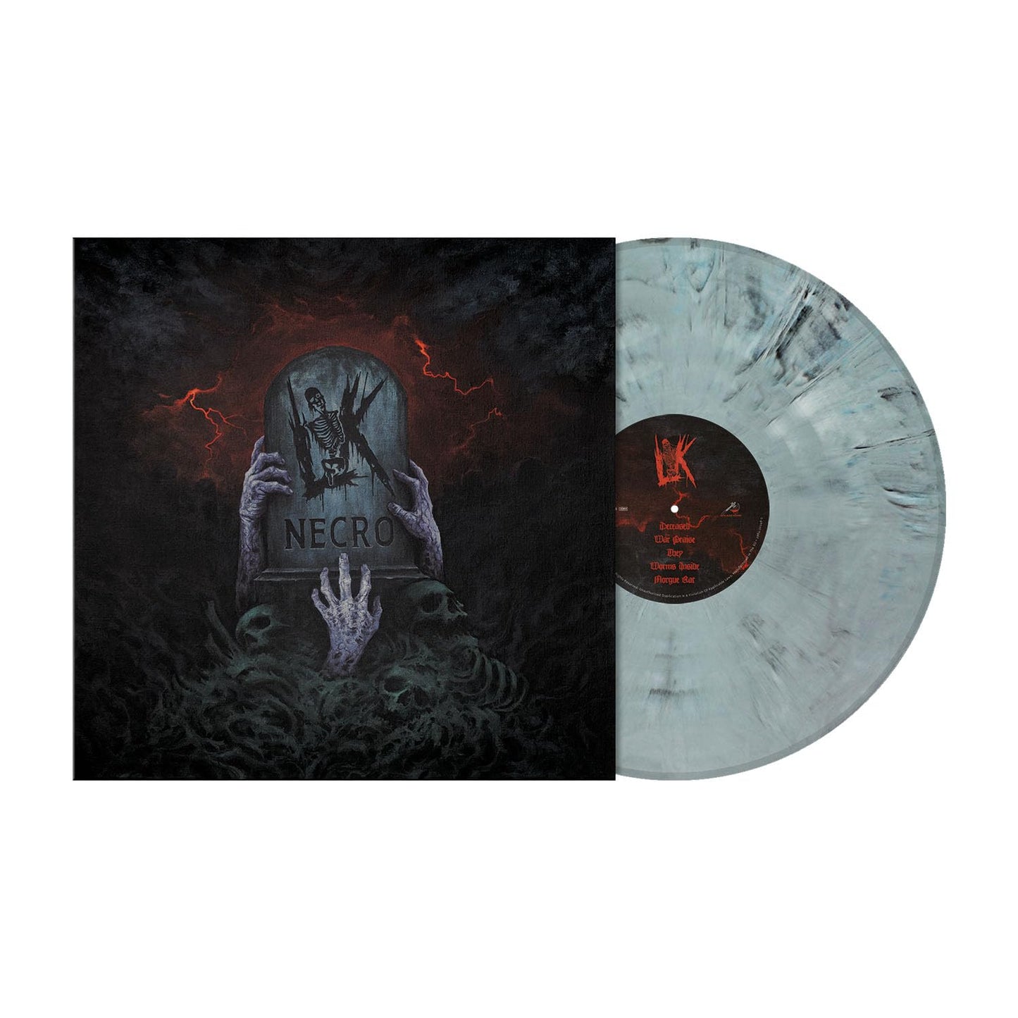 Lik Necro vinyl record featuring a tombstone cover art and marbled grey and white disc.