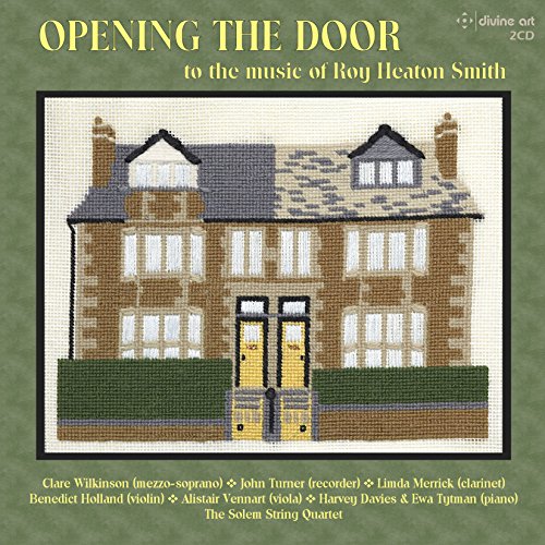 CD cover: embroidered house with yellow doors, text details musicians and composer.