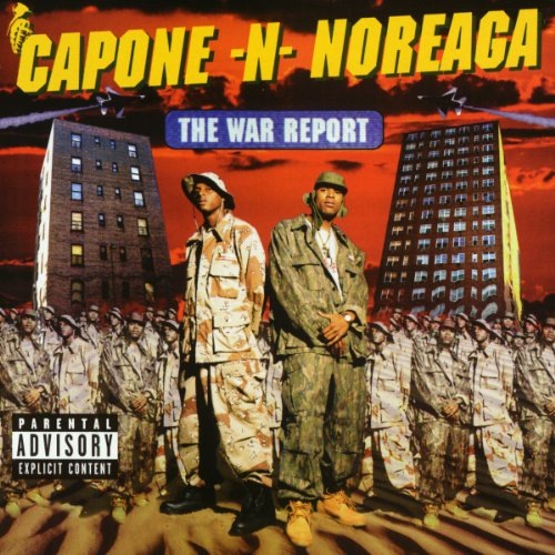 Capone-N-Noreaga album cover featuring two men in camouflage, city backdrop.