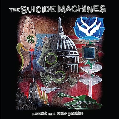 Suicide Machines album cover: hand, gas mask, flower, and city scene.