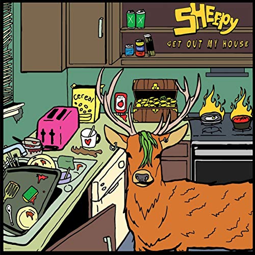 Illustration of a deer in a messy kitchen with burning food.