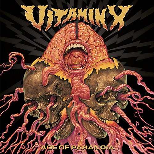 CD cover: grotesque, fleshy brain-mouth emerging from skulls, red background.