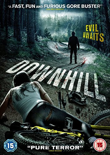 Downhill" DVD cover: woman with damaged bike, figure in forest, horror theme.