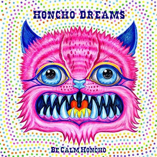 Colorful cartoon cat face with large eyes and sharp teeth, album art.