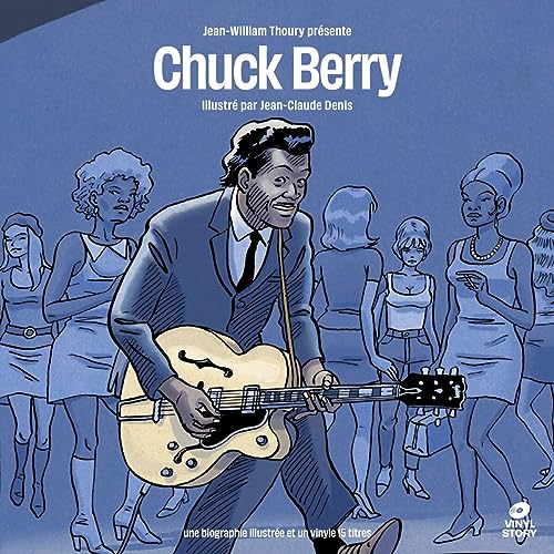 Chuck Berry illustrated album cover with musicians in a blue-toned comic style.