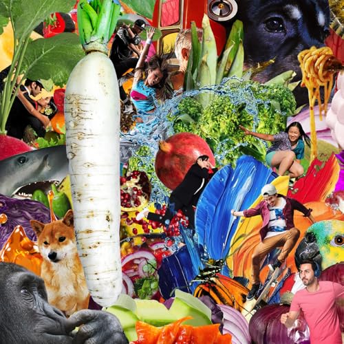 CD cover for Jetski’s “Radiant Radish” featuring a surreal collage of food and people.