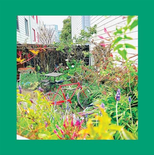 Vinyl album cover with a red bicycle in a overgrown garden.