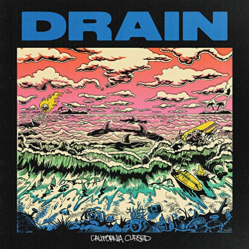 Album cover for Drain’s “California Cursed” with ocean and sky illustration.