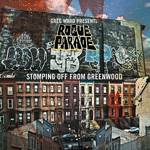 CD cover for "Rogue Parade - Stomping Off From Greenwood" with city backdrop.