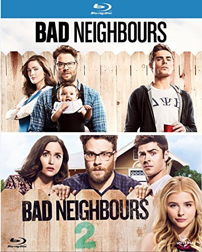 Blu-ray cover for "Bad Neighbours" 1 & 2 featuring cast members.