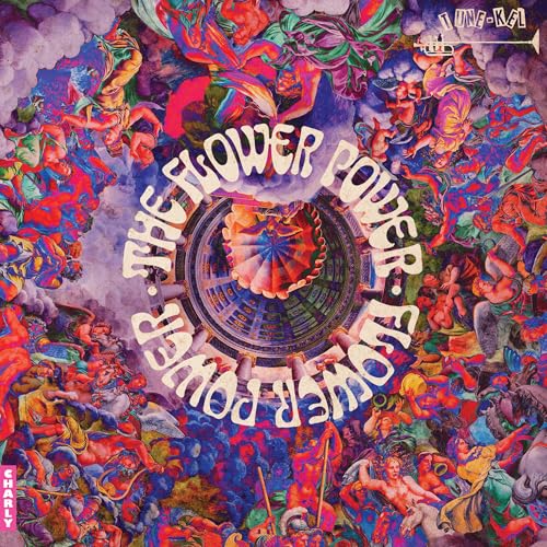 Psychedelic album cover with swirling flowers, figures, and text reading “Flower Power.”