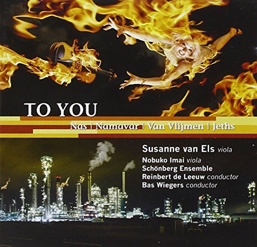 CD cover: woman and viola engulfed in flames above an oil refinery.