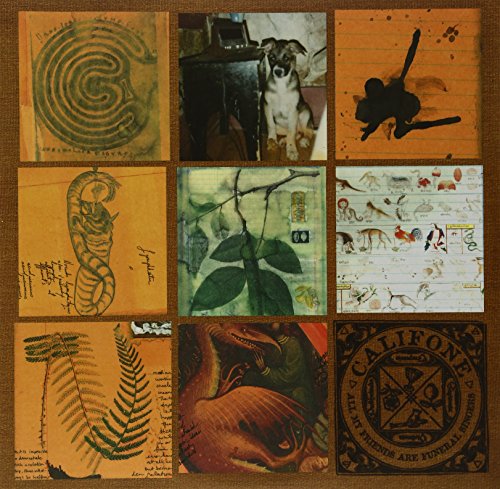 Vinyl album cover with nine square images: spirals, animals, plants, and text.