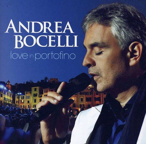 Andrea Bocelli album cover, “Love In Portofino,” with a town backdrop.