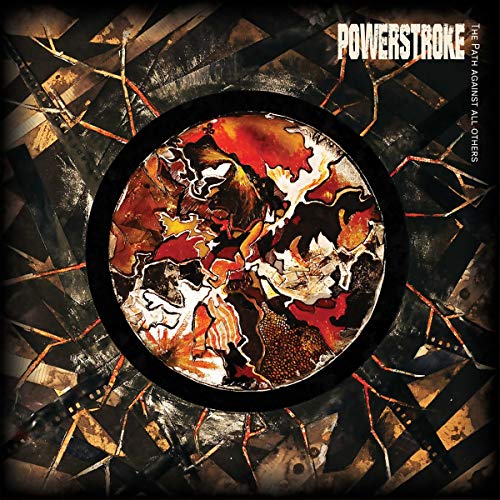 Powerstroke album cover: abstract fiery design within a black circle.