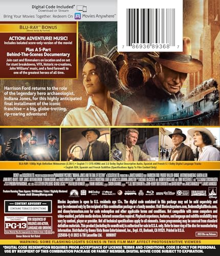 Blu-ray back cover featuring Indiana Jones and Phoebe Waller-Bridge.