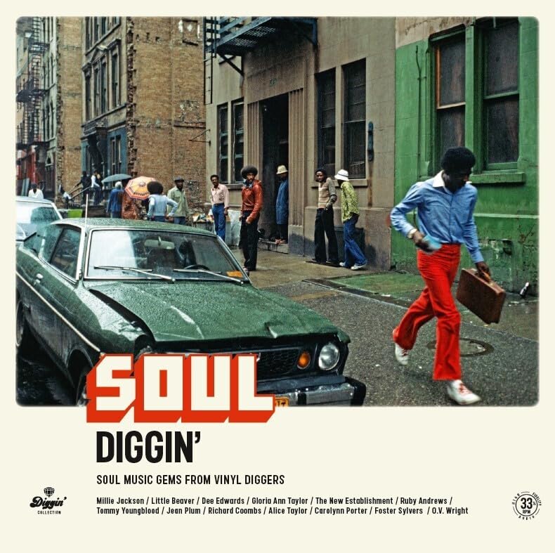Album cover: "Soul Diggin'" with a 1970s street scene and vinyl record text.